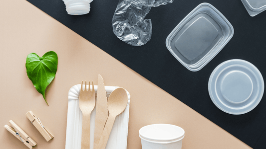 Examples of Bamboo cutlery, paper cups and plastic
