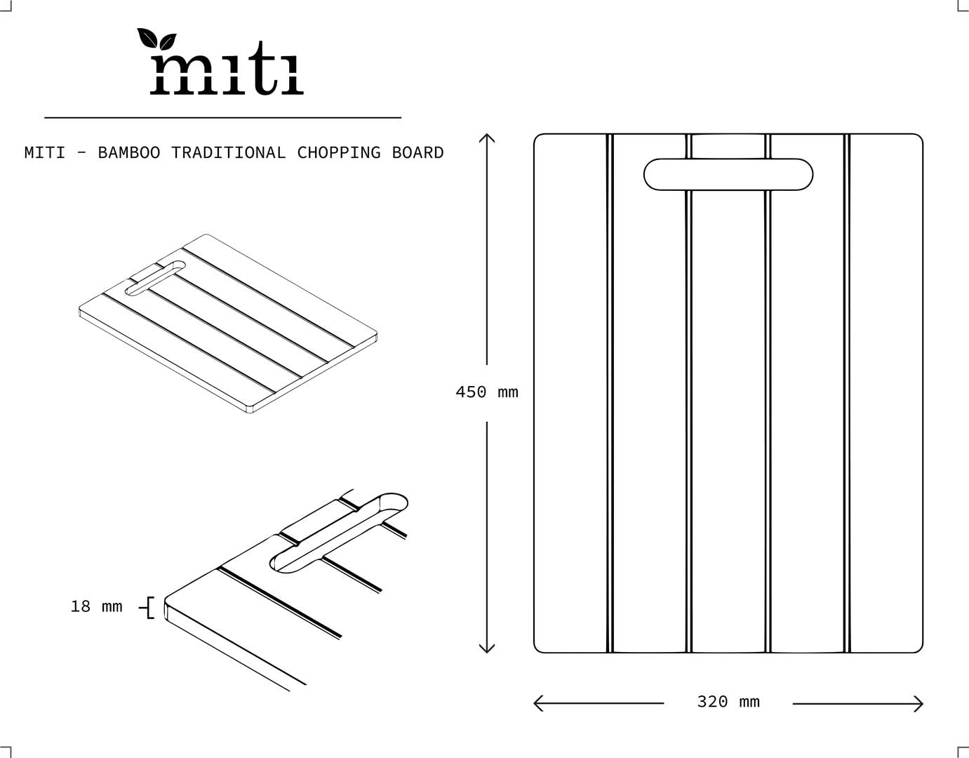 Dimension drawing of a MITI traditional bamboo chopping board for planning kitchen storage