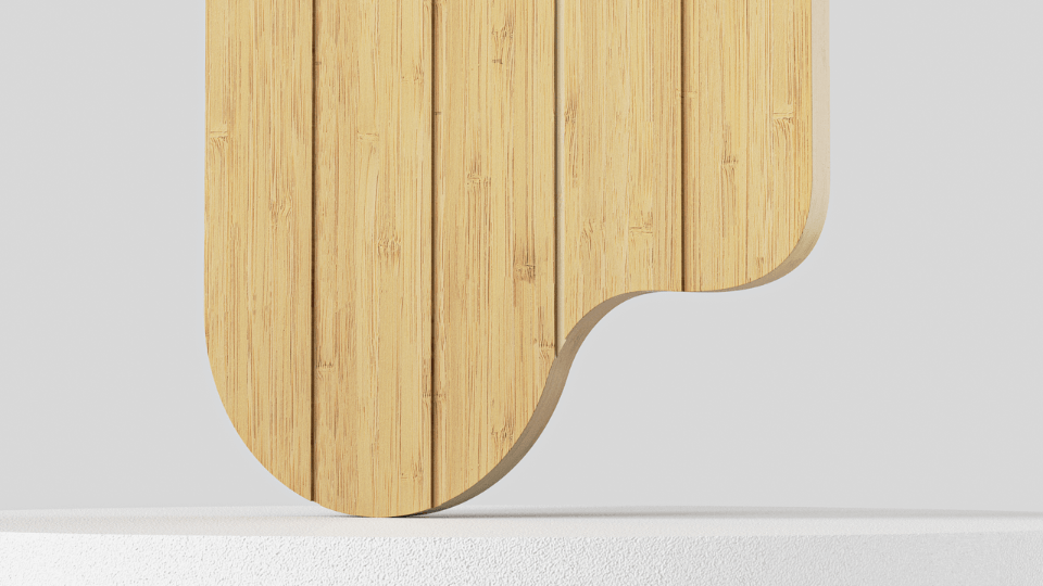MITI curved bamboo chopping board used with a kitchen knife