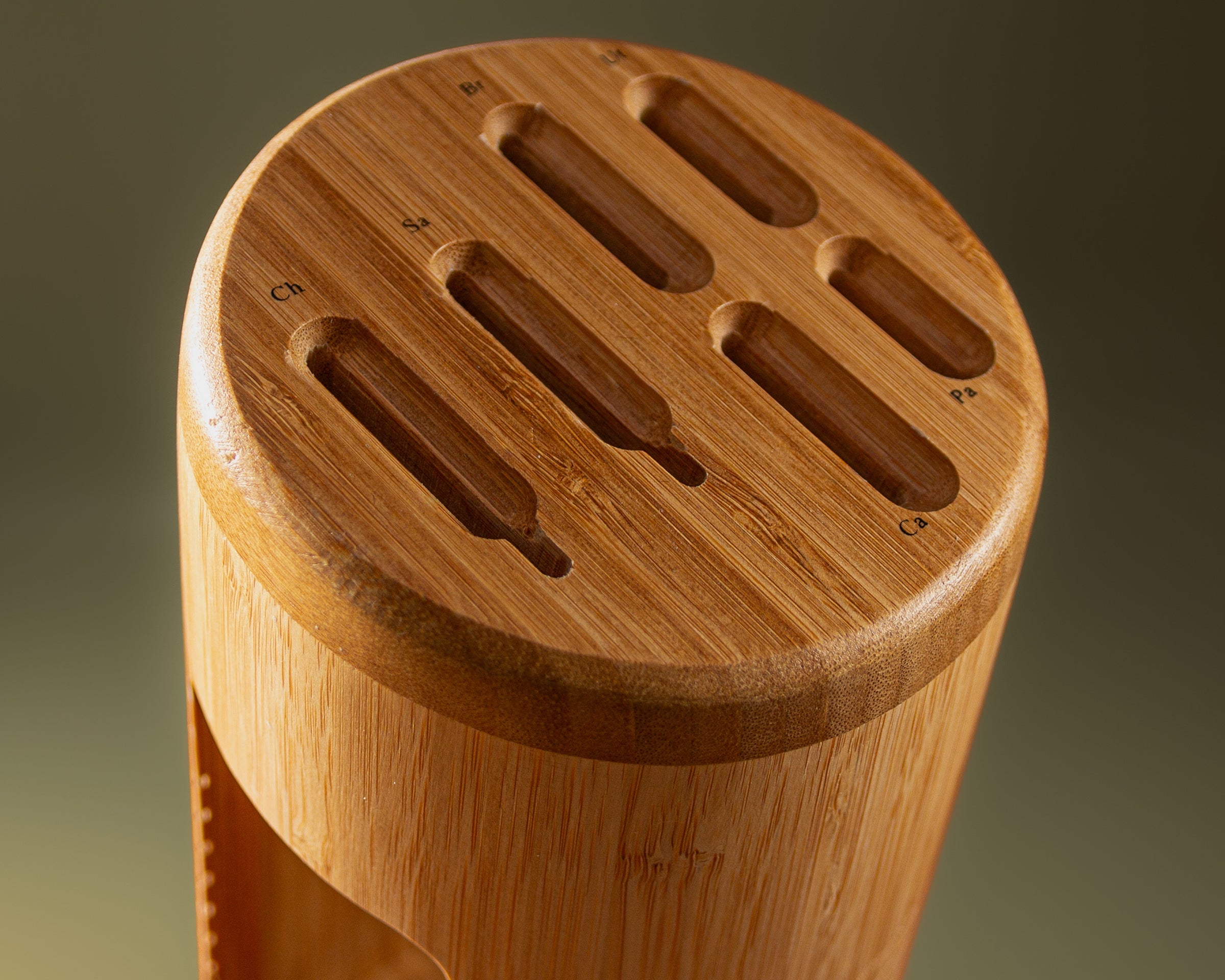 MITI six-piece kitchen knife set arranged in a bamboo storage block