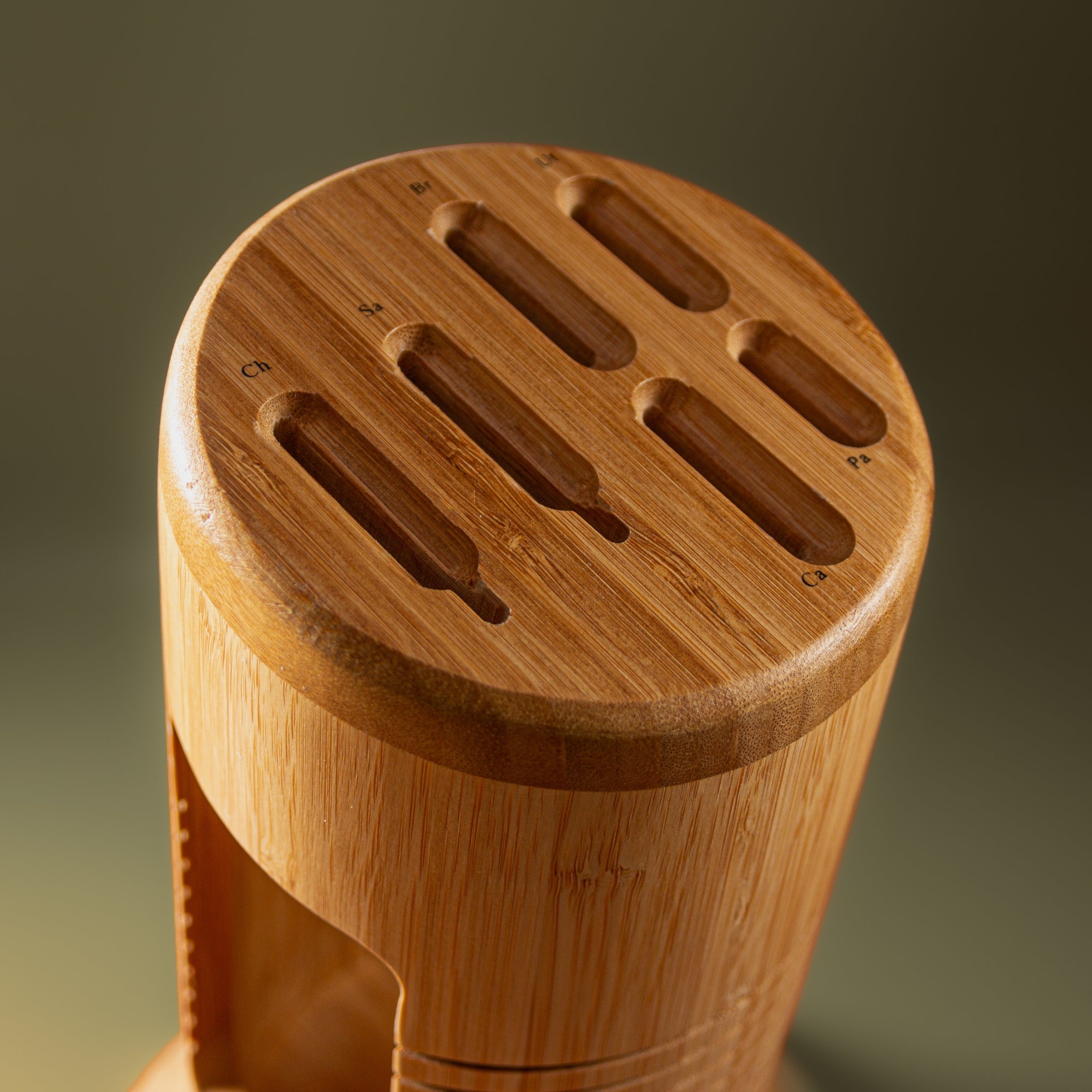 MITI six-piece kitchen knife set arranged in a bamboo storage block