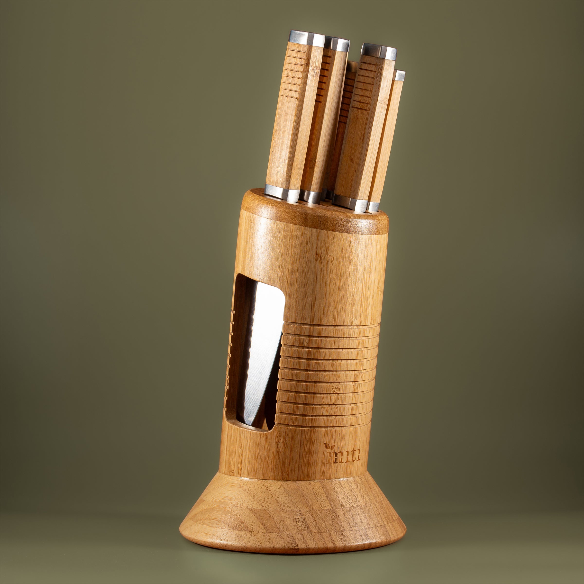 MITI six-piece kitchen knife set displayed in its bamboo storage block for everyday knife care