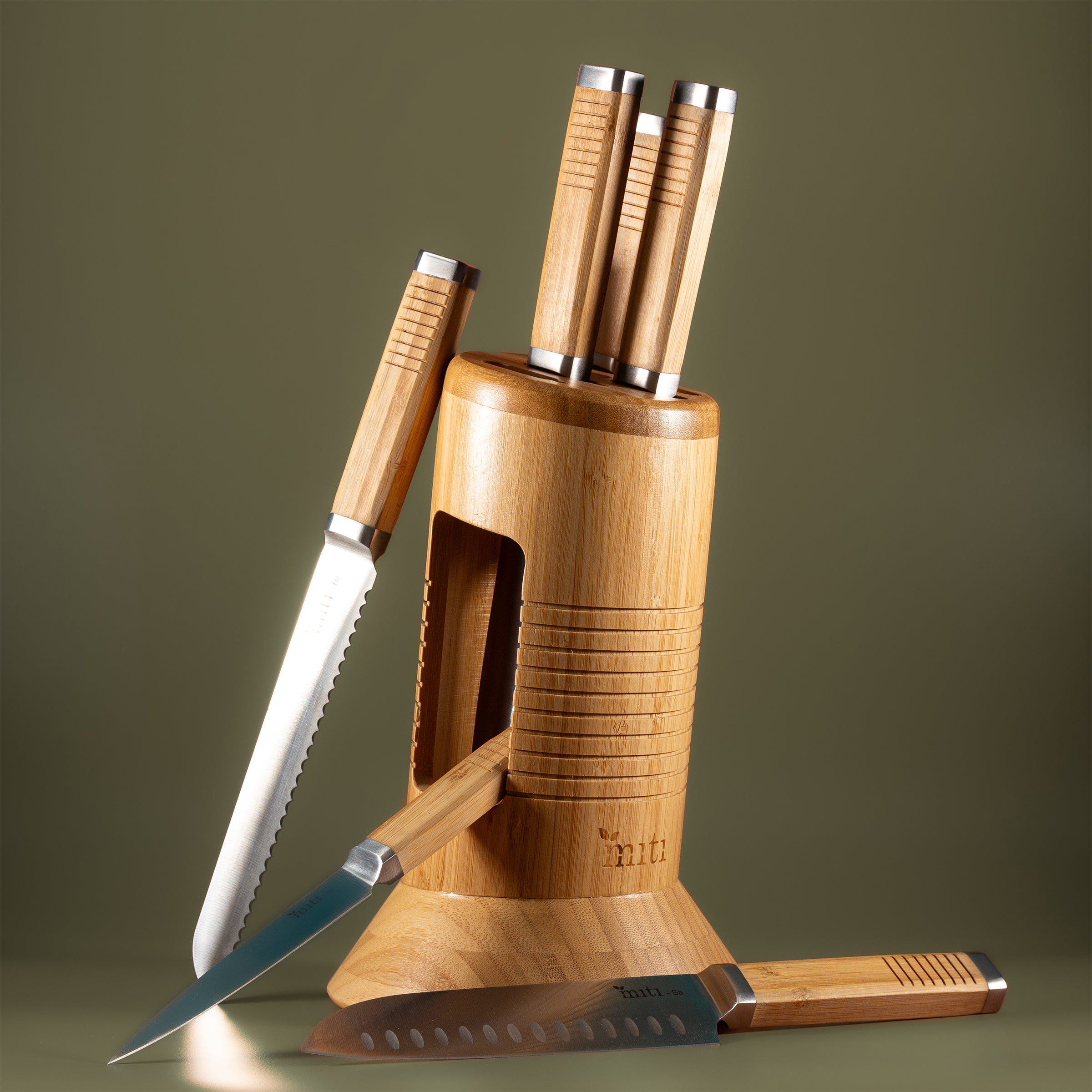 MITI six-piece kitchen knife set displayed in a bamboo storage block