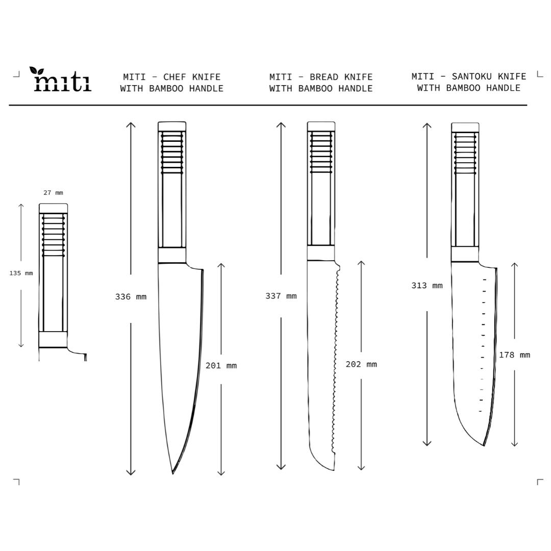 MITI bamboo-handle kitchen knives displayed with a bamboo storage block