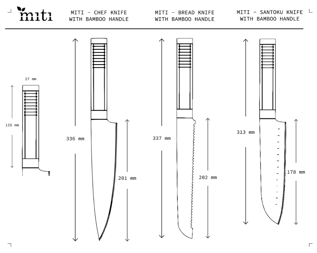 MITI bamboo-handle kitchen knives displayed with a bamboo storage block