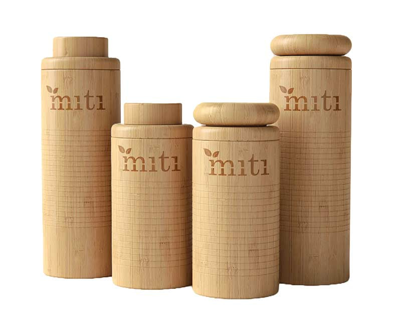 MITI 500ml and 750ml bamboo water bottles photographed together for a commuting size guide