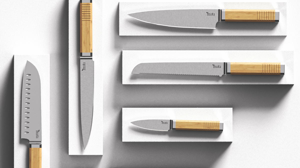 MITI bamboo knife block set arranged in a modern kitchen