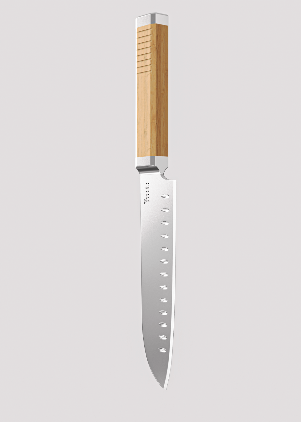 Natural bamboo handle knife pictured upside down in white background