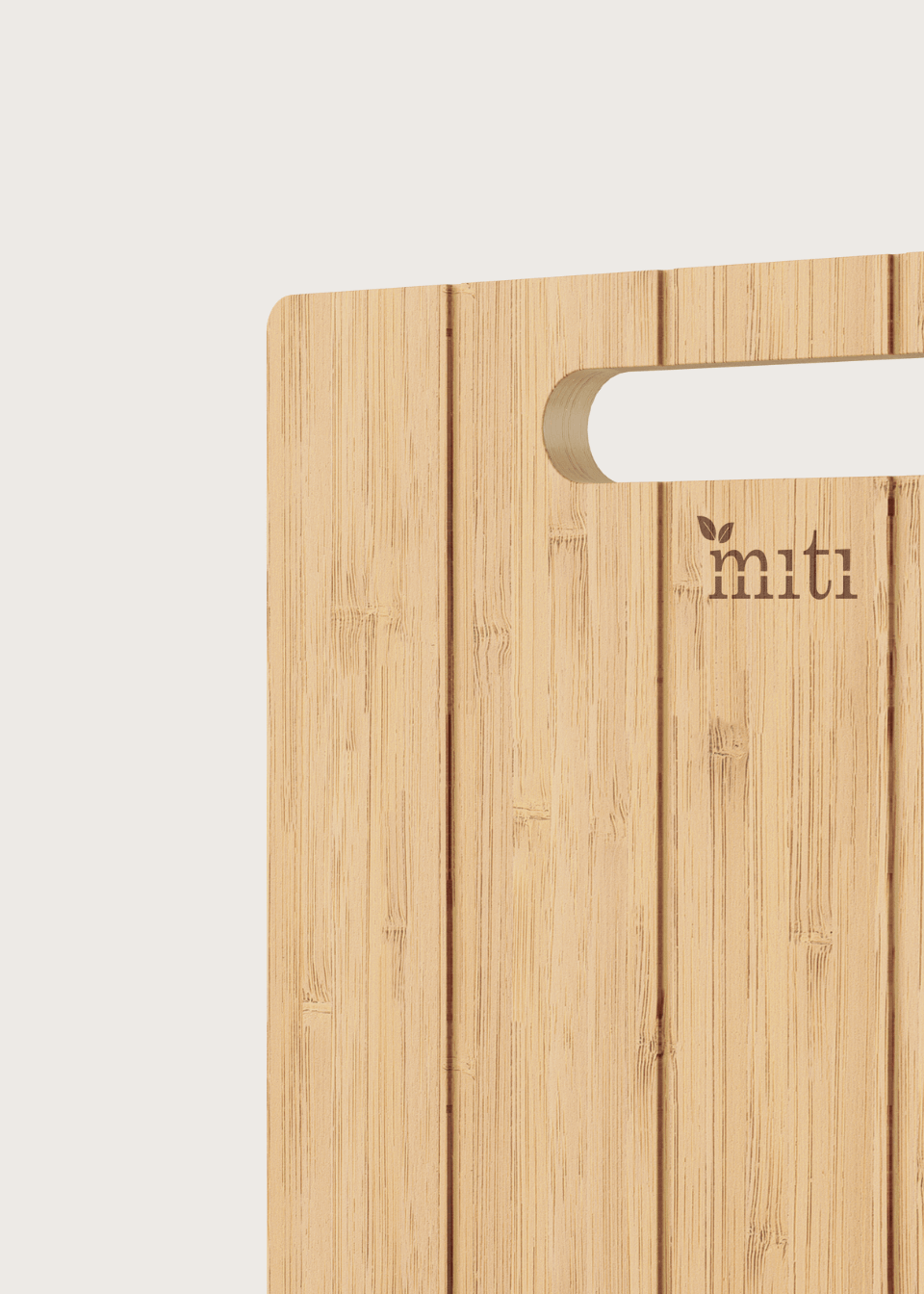close up shot of the handle of semi curved bamboo chopping board of MITI Life