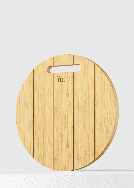 Full product picture of rounded bamboo chopping board by MITI Life