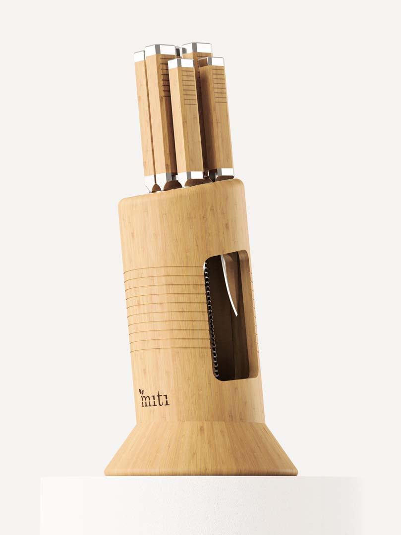 product photo of bamboo knife set in bamboo knife block by MITI Life